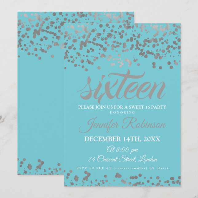Convite Elegante Sweet 16 Silver & Blue Foil Confetti (Frente/Verso)