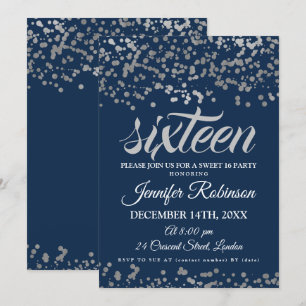 Convite Elegante Sweet 16 Silver & Marinho Foil Confetti