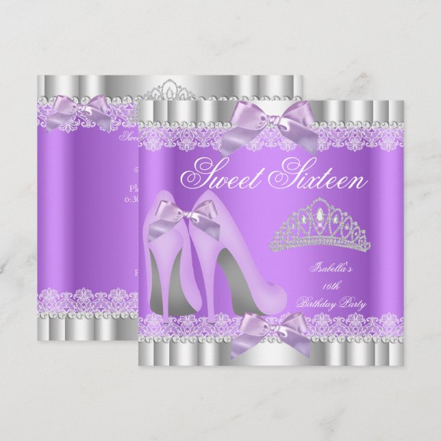 Convite Elegante Sweet 16 Sweet Six Party Lavanda Lace (Frente/Verso)