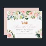 Convite Elegante Sweet Blush Floral Sweet 16 Salve a data<br><div class="desc">Esta coleção de aniversários apresenta uma elegante cor-de-rosa e flores brancas com verde e uma combinação simples de fontes. Esta design é perfeita para qualquer evento de jardim elegante.</div>