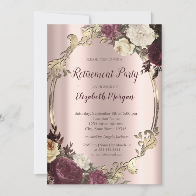 Convite Elegante Swirls Frame Dourado,Retenção de Borgonha (Frente)