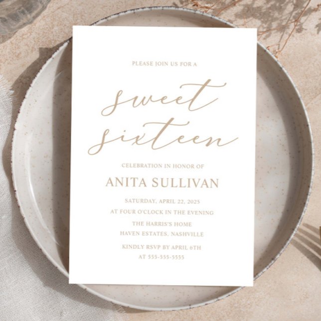 Convite Elegante Tan Calliografia Doce Dezesseis 16 Aniver (Criador carregado)