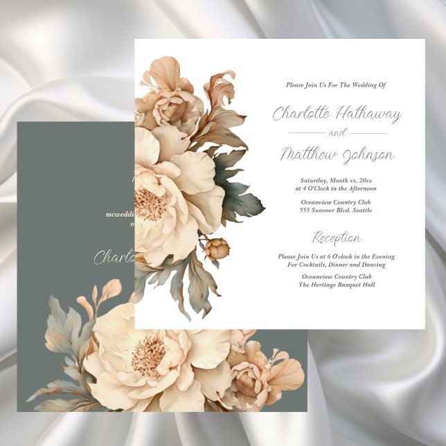 Convite Elegante Taupe Com Casamento Floral Verde (Elegant Taupe With Green Floral Wedding Invitation)