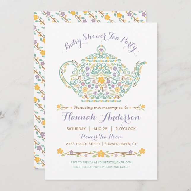 Convite Elegante Tea Party - Chá de fraldas de chá (Frente/Verso)