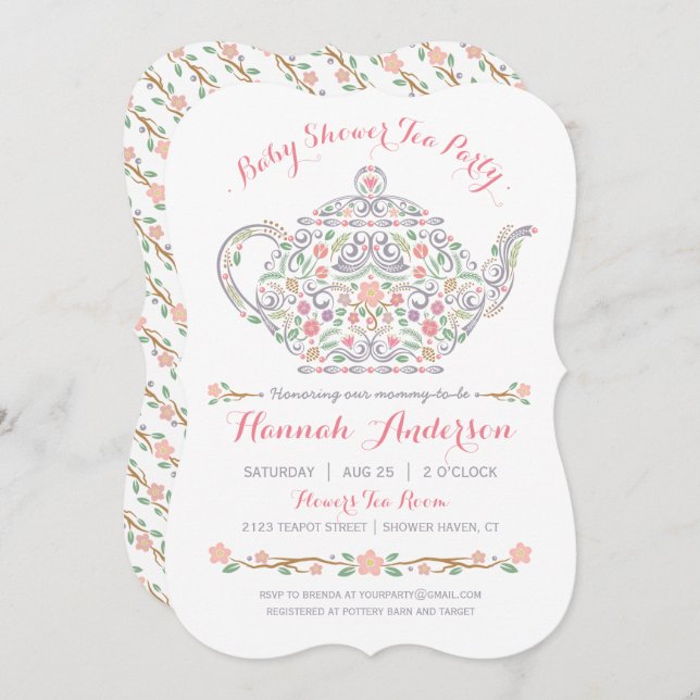 Convite Elegante Tea Party Girl Chá de fraldas (Frente/Verso)