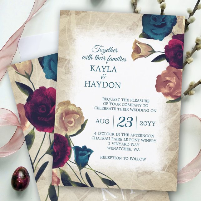 Convite Elegante Teal, Casamento Beige Burgundy Rose Bouqu (burgundy, red, teal green beige botanical rose garden wedding invitations, summer roses wedding)