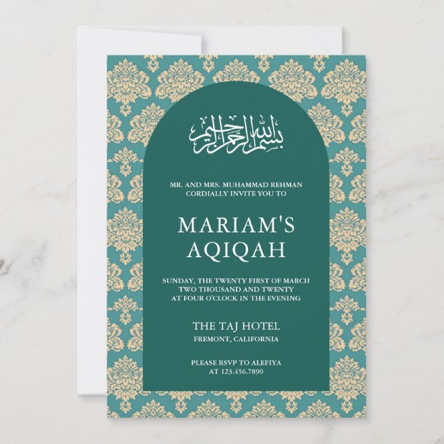 Convite Elegante Teal Damask Arabian Arch Aqiqah (Frente)