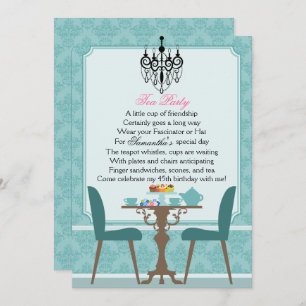 Convite Elegante Teal Damask Birthday Tea Party