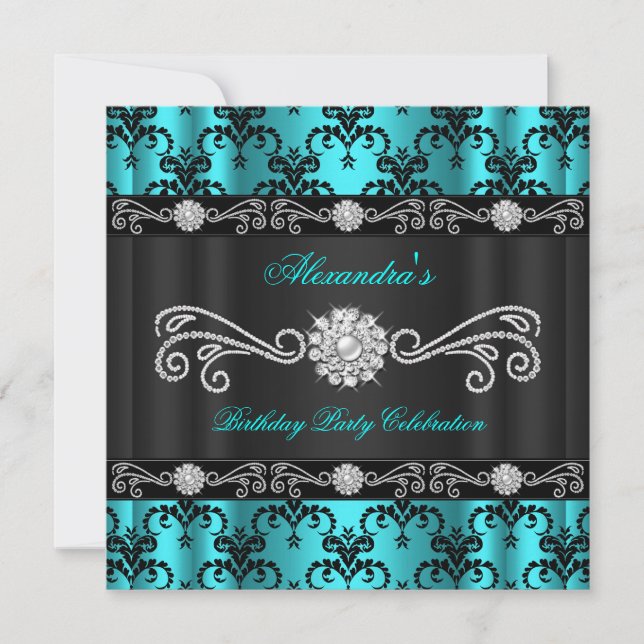 Convite Elegante Teal Damask Black Diamond Festa de aniver (Frente)