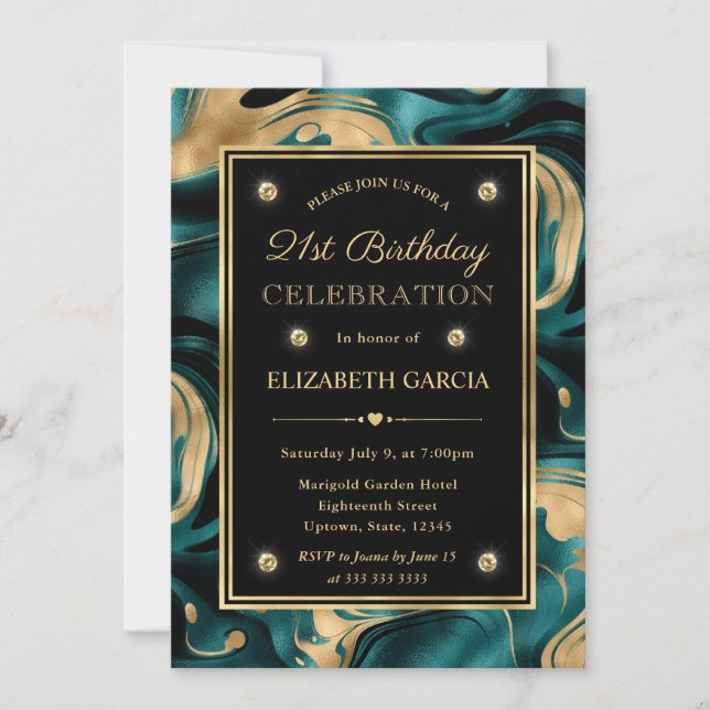 Convite Elegante Teal Derretido e Brilho Dourado Aniversár (Frente)