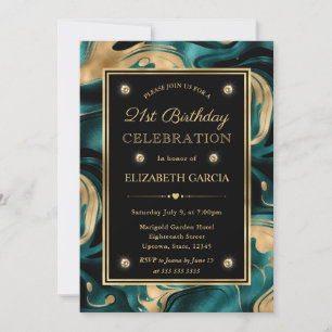 Convite Elegante Teal Derretido e Brilho Dourado Aniversár