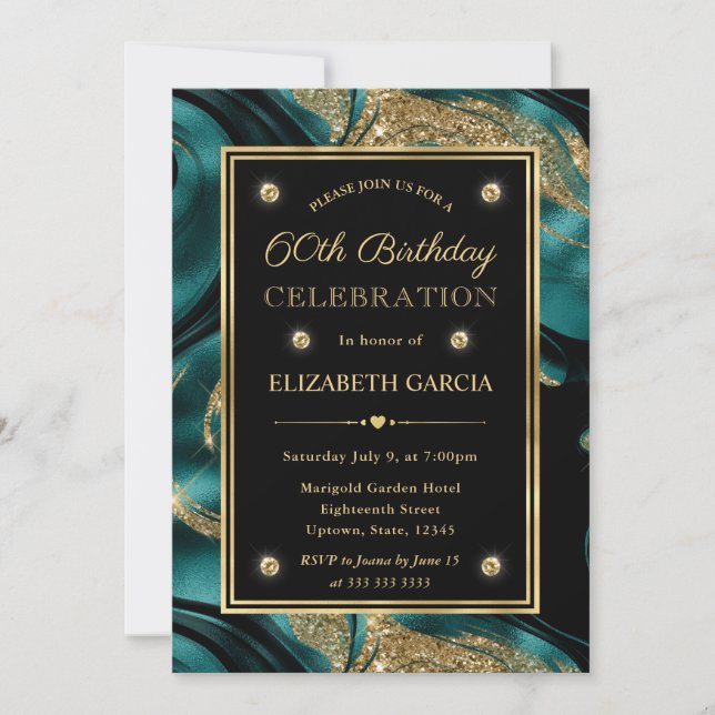 Convite Elegante Teal Derretido e Brilho Dourado Aniversár (Frente)