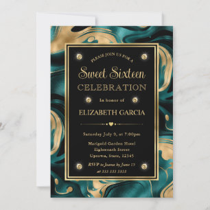 Convite Elegante Teal Derretido e Brilho Dourado Sweet 16