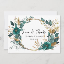 Convite Elegante Teal Dourado Floral Weding Love & Obrigad