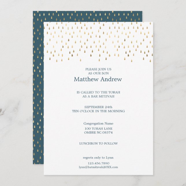 Convite Elegante Teal & Dourado Raindrops Bat Mitzvah (Frente/Verso)