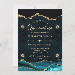 Convite Elegante Teal e Dourado Brilho Agata Quinceanera