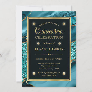 Convite Elegante Teal e Dourado Brilho Agata Quinceanera