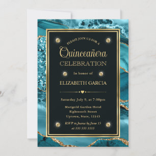 Convite Elegante Teal e Dourado Brilho Agata Quinceanera