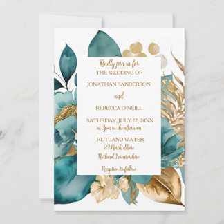 Convite Elegante Teal e Dourado casamento Floral
