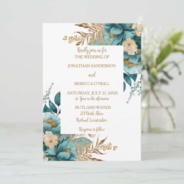 Convite Elegante Teal e Dourado casamento Floral (Em pé/Frente)
