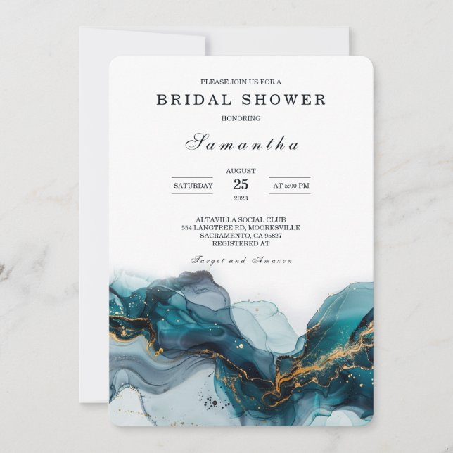 Convite Elegante Teal e Dourado Chá de panela Marble (Frente)
