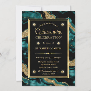 Convite Elegante Teal e Glitter de Ouro Agata Quinceanera
