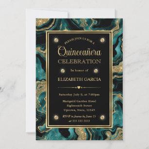 Convite Elegante Teal e Glitter de Ouro Agate Quinceanera