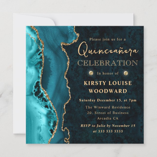 Convite Elegante Teal e Glitter Dourado Agata Quinceanera (Frente)