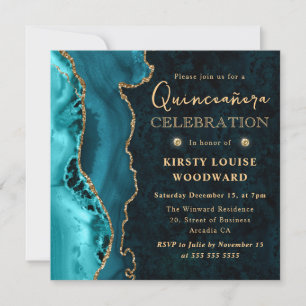 Convite Elegante Teal e Glitter Dourado Agata Quinceanera