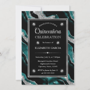 Convite Elegante Teal e Prata Glitter Agata Quinceanera