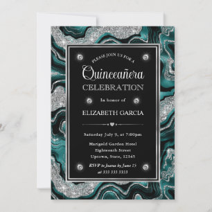 Convite Elegante Teal e Prata Glitter Agata Quinceanera