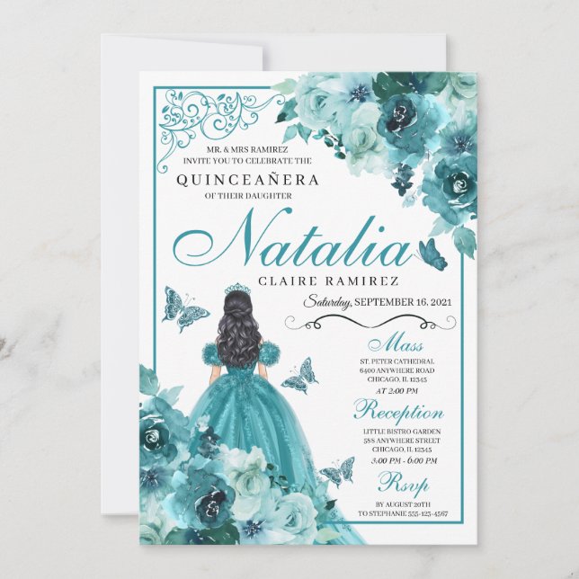 Convite Elegante Teal Floral Quinceanera Aniversário (Frente)