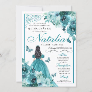 Convite Elegante Teal Floral Quinceanera Aniversário