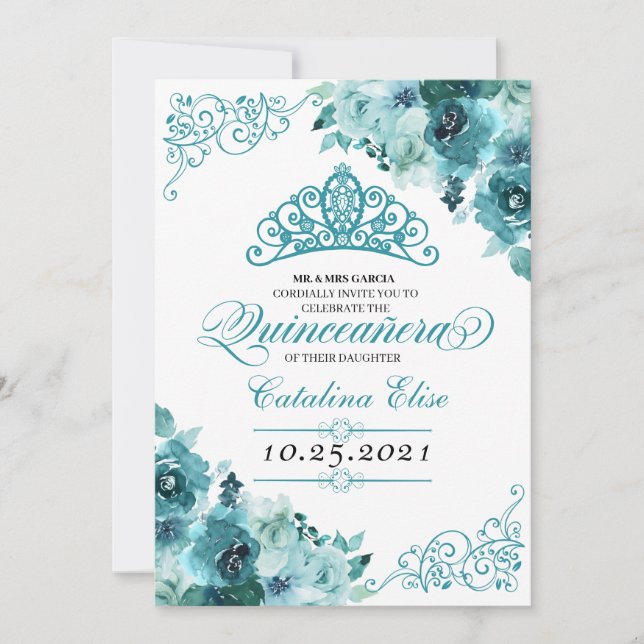 Convite Elegante Teal Floral Quinceanera Aniversário (Frente)