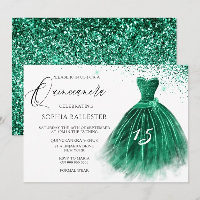 Convite Elegante Teal Green Glitter Gown Quinceanera (Frente/Verso)