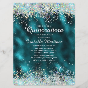 Convite Elegante Teal Silver Glitter Quinceañera