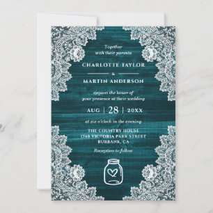 Convite Elegante Teal Wood Floral Lace Mason Jar Wedding