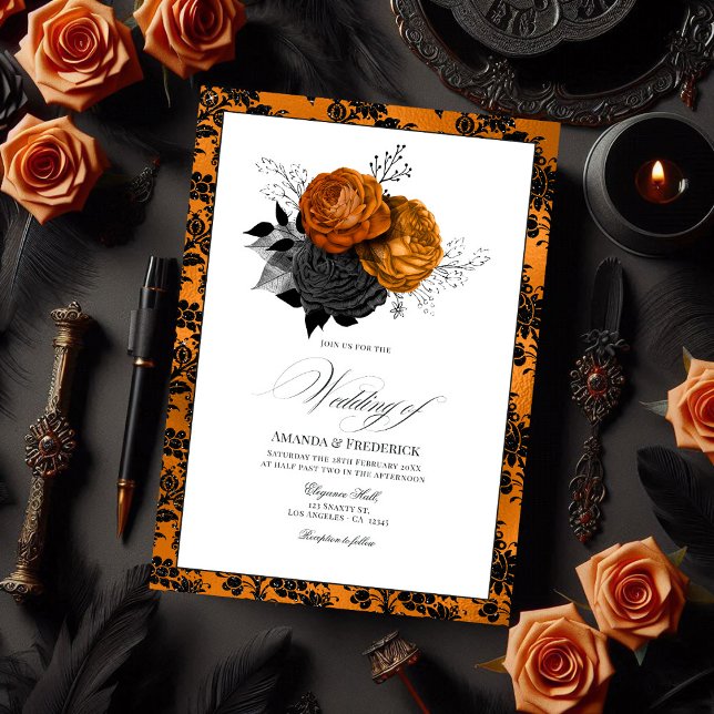 Convite Elegante Tema de Casamento Gótico Laranja e Negro (Elegant Orange and Black Gothic Wedding Theme Invitation)