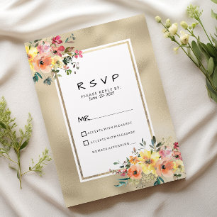 Convite Elegante tema floral laranja rosa dourado RSVP