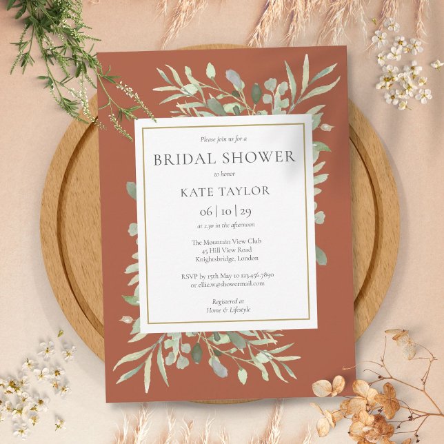 Convite Elegante Terracotta Dourada Greenery Chá de panela (Elegant Terracotta Gold Greenery Bridal Shower Invitation)