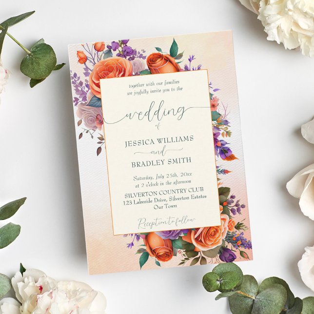 Convite Elegante terracotta - flores roxas laranja modelo (Criador carregado)