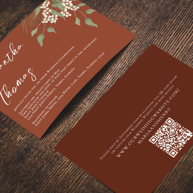 Convite Elegante Terracotta Greenery Foliage (Terracotta elegant wedding invitation with a QR code for easy wedding details sharing. )