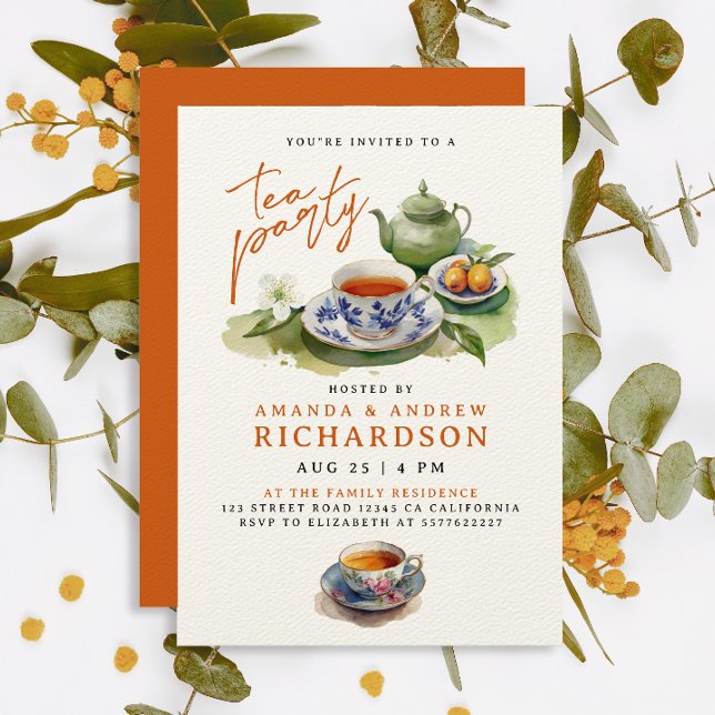 Convite Elegante Terracotta Tea Party Amigos Watercolor (Criador carregado)