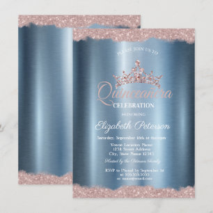 Convite Elegante Tiara Azul Metálico Quinceañera