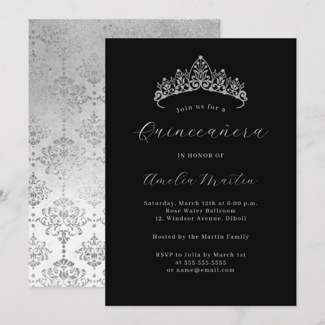 Convite Elegante Tiara de Damasco Prateado Preto Quinceane (Frente/Verso)