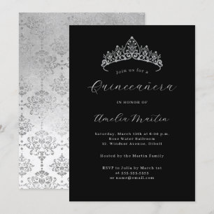 Convite Elegante Tiara de Damasco Prateado Preto Quinceane