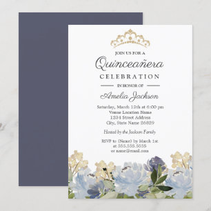 Convite Elegante Tiara de Jardim Floral Azul Quinceanera
