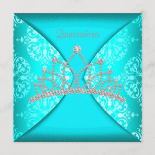 Convite Elegante Tiara de Princesa Azul Turquesa Quinceane