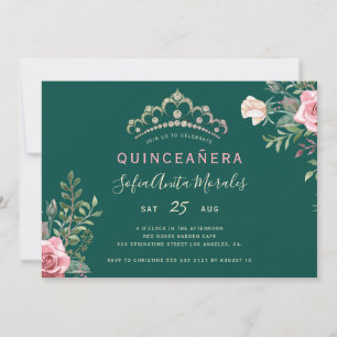 Convite Elegante tiara de princesa floral verde Quinceaner