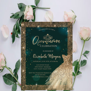 Convite Elegante Tiara de vestido verde dourado, Diamantes